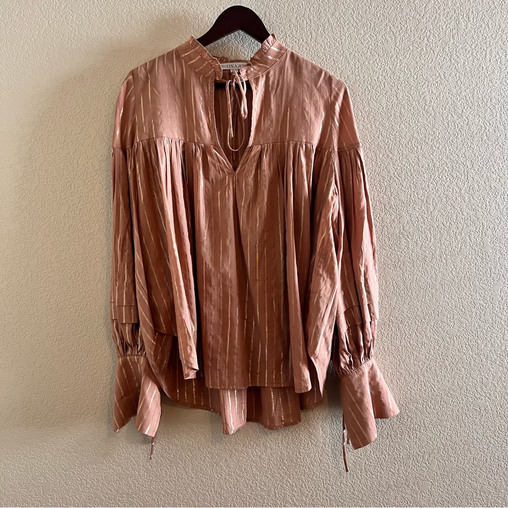 Shona Joy Boho Balloon Sleeve Gold Metallic Blouse Size 8 - Picture 2 of 11